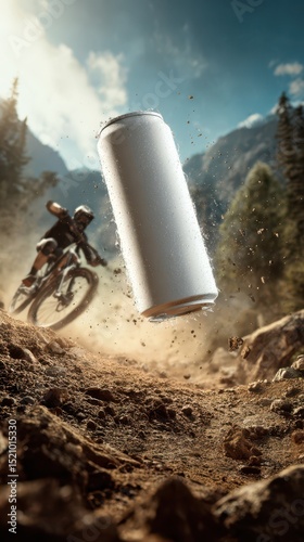 Blank soda can mockup in mid-air with dirt and water splashing around with extreme sport mountain bike trail background for energy drinks commercial
