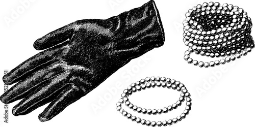 Vintage fashion accessories: glove and pearl jewelry engraving for retro design