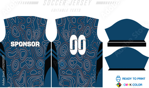 Sport jersey design template with grunge line halftone pattern background. Sport uniform in front & back view. Shirt mock up for sport club. Vector Illustration