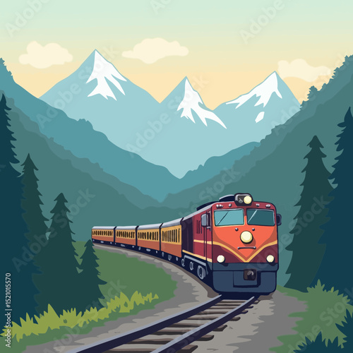 A vibrant train winds its way through majestic, snow-capped mountains and lush pine forests, depicting a picturesque journey through nature's grandeur
