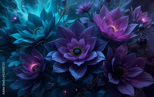 Enchanting Night Blooms: A Mystical Floral Arrangement. A captivating close-up of a vibrant floral display, featuring large, stylized flowers in deep blues and purples, seemingly glowing.