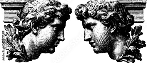 Classical engraved art of decorative garlands with architectural elements