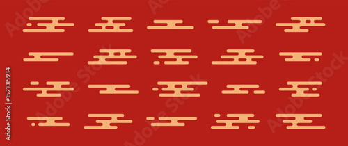 Japanese cloud pattern, Chinese style gold line, oriental simple shape, Korean element icon Asian motif. Abstract China symbol, yellow geometric Tibetan set on dark red background. Vector illustration