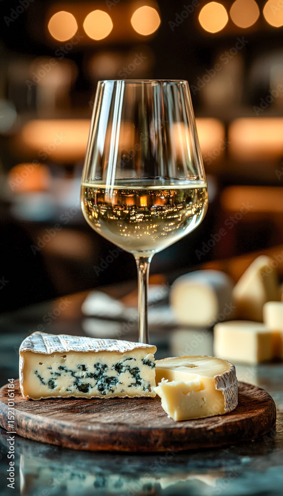 Glass of white wine with assorted cheeses on a wooden board in a cozy setting Glass of white wine with assorted cheeses on a wooden board in a cozy setting