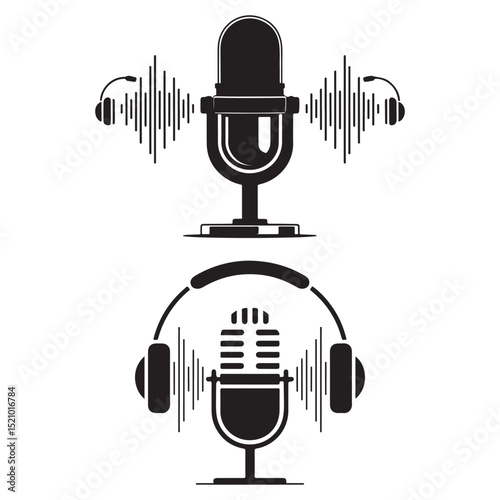 Vintage Microphone and Soundwave Icon Set – Audio Recording Design Elements