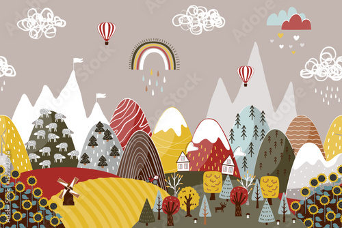 Cute seamless border pattern with doodle hand drawn mountains and fields landscape. Creative children texture for kids fabrics, decor, wallpapers. Modern cartoon style vector illustration