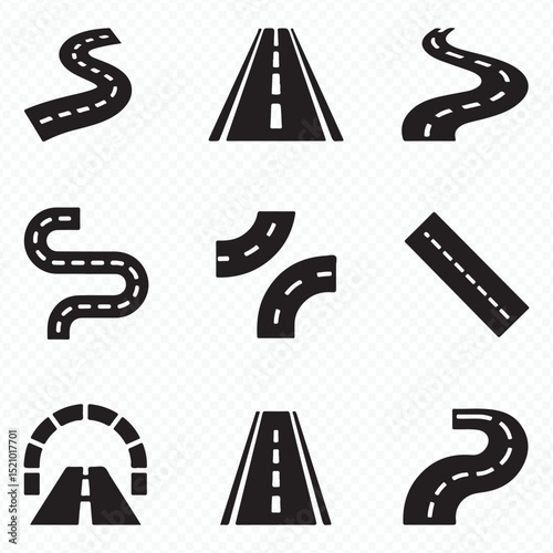 Black Road Symbols Collection Featuring Bends Forks and Tunnels Vector
