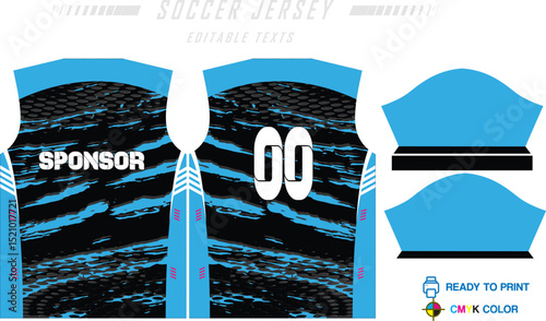Sport jersey design template with grunge line halftone pattern background. Sport uniform in front & back view. Shirt mock up for sport club. Vector Illustration