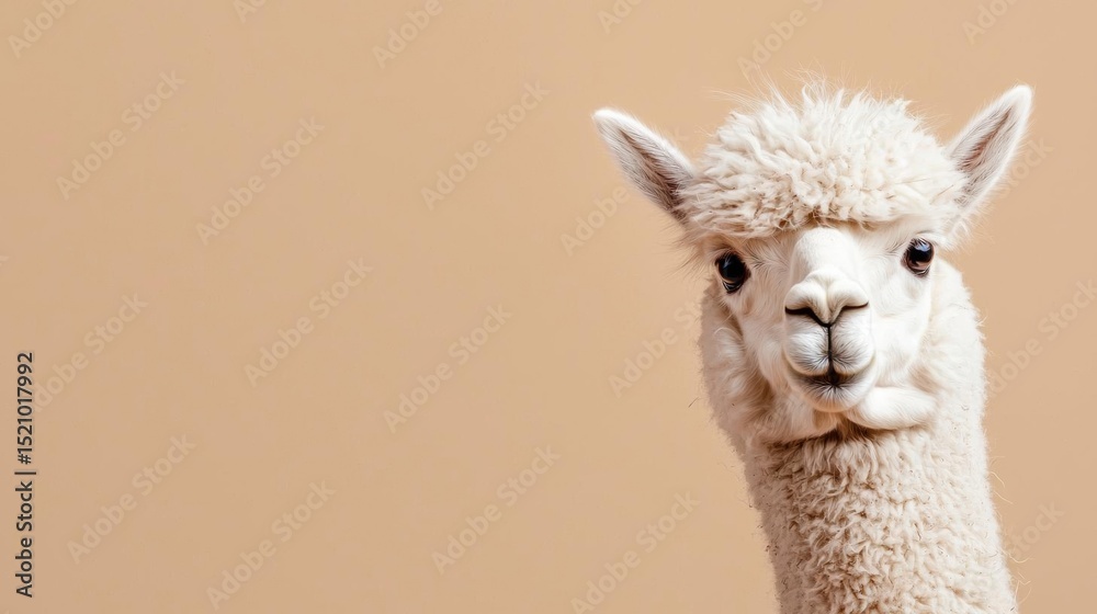 Obraz premium Close-up portrait of a white alpaca. the background is a plain beige color, and the focus is on the head and neck of the animal.