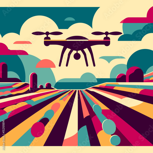 Drone flying over a colorful vineyard landscape in an artistic style