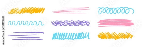Charcoal pencil scribble vector set, crayon brush color underline, colorful pencil sketchy lines, line chalk highlight stroke. Childish hand drawn vector illustration