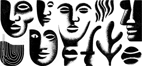 Abstract engraved faces and minimalist shapes art composition