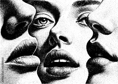 Surreal engraved composition of disjointed faces in monochrome design for art projects