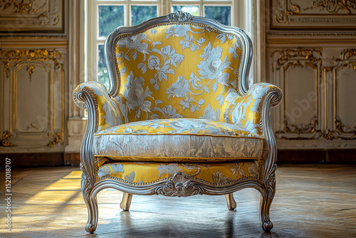 Luxurious vintage armchair with ornate silver frame and yellow floral upholstery in elegant room