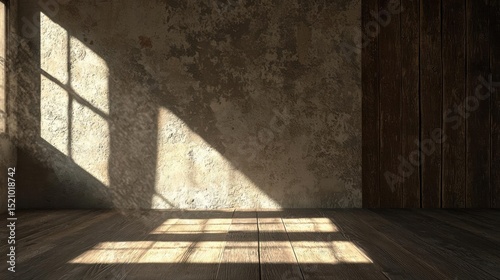 Empty room with a wooden floor and a concrete wall. the wall is old and weathered, with peeling paint and cracks.