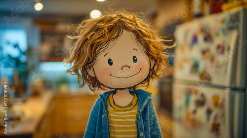 Hand-drawn cartoon child with curly hair integrated into real kitchen environment smiling face and soft light blend realism and illustration child and cartoon repeat family joy concept