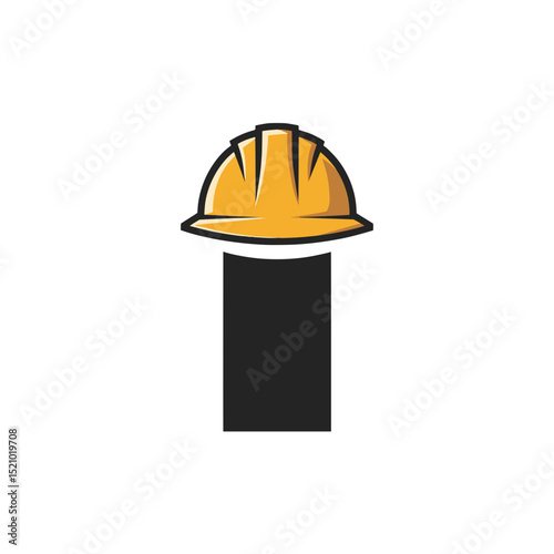 Construction Worker Helmet on Letter I Graphic, Bold black letter "I" wearing a yellow hard hat, symbolizing construction, safety, and industrial work in a minimalist style.

