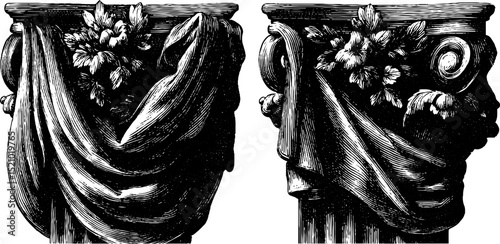 Engraved set of draped figures with decorative floral elements for design