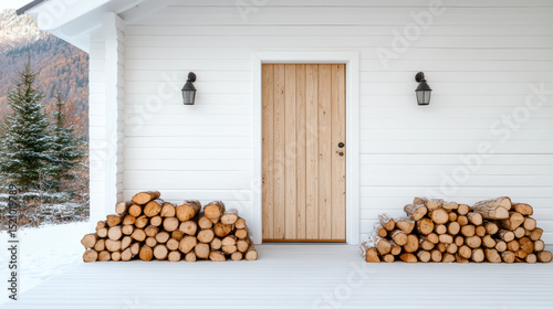 Cozy stacked woodpile beside wooden door of mountain house, creating warm atmosphere