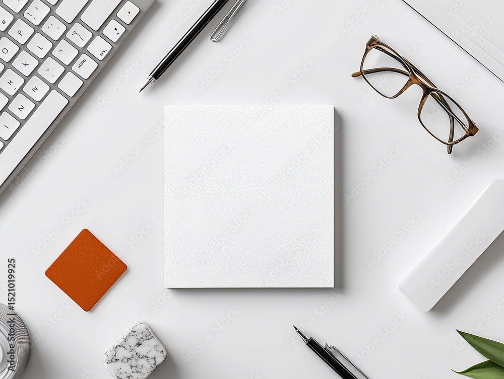 Clean White Desk Workspace with Red Square Note and Office Supplies Clean White Desk Workspace with Red Square Note and Office Supplies