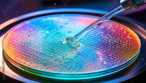 3D Illustration of Semiconductor Wafer Cleaning Process in Manufacturing Plant. Closeup.