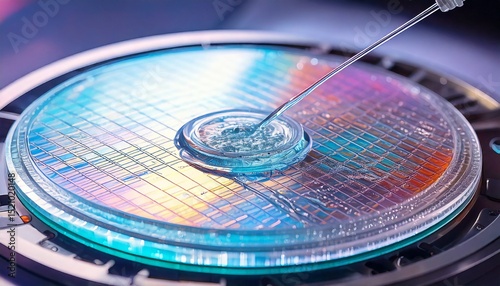 3D Illustration of Semiconductor Wafer Cleaning Process in Manufacturing Plant. Closeup.