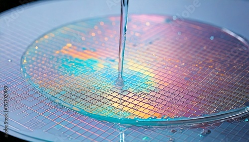 3D Illustration of Semiconductor Wafer Cleaning Process in Manufacturing Plant. Closeup.