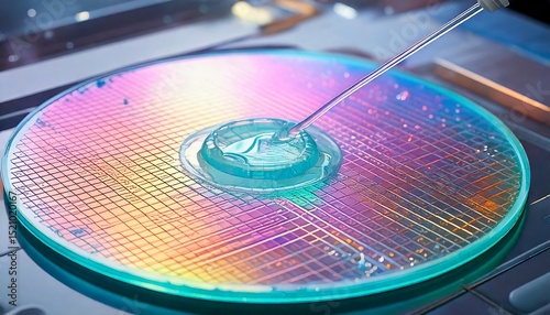 3D Illustration of Semiconductor Wafer Cleaning Process in Manufacturing Plant. Closeup.