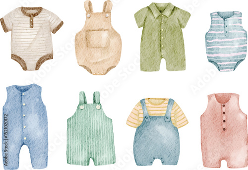 Baby clothes set watercolor illustration isolated on white background. Baby outfit drawing in gentle, soft, and warm colors for nursery design