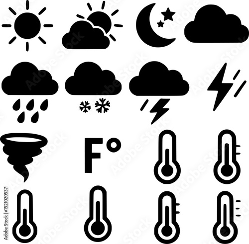 A set of weather icons includes various symbols representing different weather conditions, such as sun, clouds, rain, snow, thunder, and temperature.
