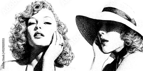 Vintage elegance and jazz style in engraved portraits for artistic design
