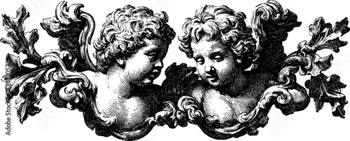 Elegant baroque angel reliefs in engraved style for classic decorative art