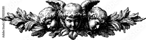 Engraved illustration set featuring elegant reliefs with angelic figures and ornamental leaves