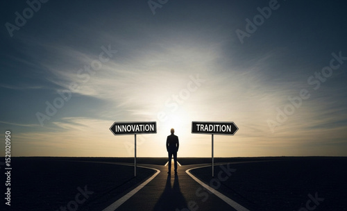 Innovation vs. Tradition Choice | Businessman at Crossroads of Strategy for Business Decision Making and Future Planning