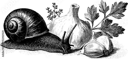 Intricate engraving of escargots with aromatic herbs for print design