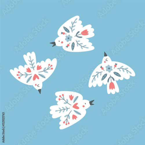 Cute birds with rustic folklore ornaments. White doves decorated with flowers in Scandinavian style for greeting card or invitation. Vector Illustration in flat style on blue background. 