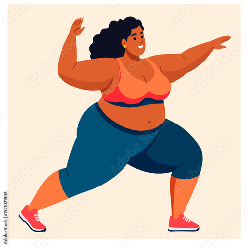 A happy African-American plus-size woman running in sportswear, showing confidence, energy, and body positivity. Flat vector illustration of an active lifestyle and self-love.