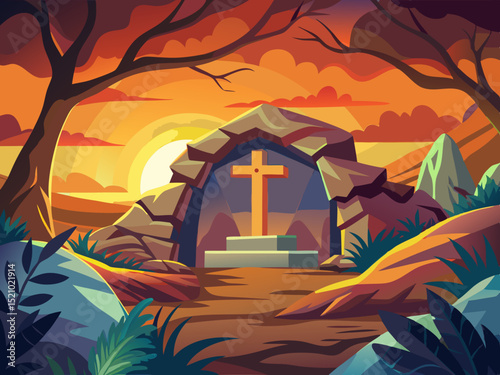 vector of A tomb in the cave and a cross on top of the tomb in the cave can be seen at sunrise.