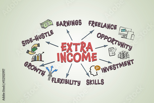 EXTRA INCOME Concept. Illustration with icons, keywords and arrows