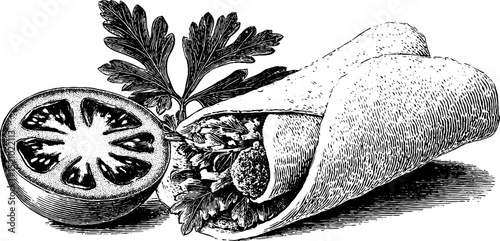 Engraved illustration of falafel wrap with tomato and parsley for culinary design