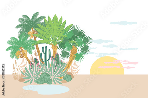 Oasis in the desert landscape. Summer background of designs palm tree, aloe, cacti, sun, mountains and desert landscape