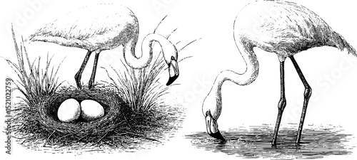 Engraved flamingo illustration set depicting nesting and feeding scenes for artistic design