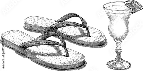 Engraved summer beach elements flip flops and cocktail design for print