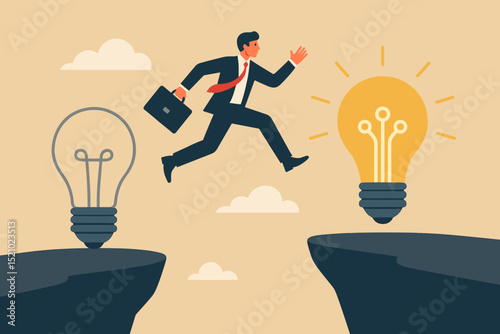 Innovation leap for business success. Businessman jumps from old idea across gap to bright lightbulb solution. Courage, risk, progress, creative strategy, change, new opportunity.