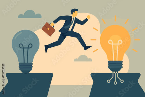 Businessman takes a bold leap from dim idea to bright innovation lightbulb across chasm. Conceptualizing business transformation, progress, risk, and strategic solutions for success. Vector art.