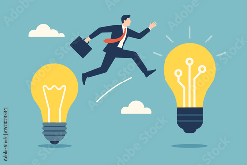 Business transformation and innovation. Businessman leaping from an old idea lightbulb to a new, modern tech lightbulb. Concept for progress, change, growth, and adopting future technology. Vector.
