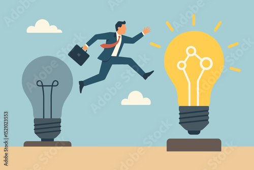 Business transformation leap. Idea innovation concept. Businessman jumps from old dim lightbulb to bright new solution. Progress, growth, strategy, creativity, success. Vector illustration.