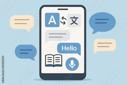 Language translation app on smartphone screen. Mobile dictionary, voice translator, and multilingual chat concept. Online communication technology for learning and global interaction. Interpreter.