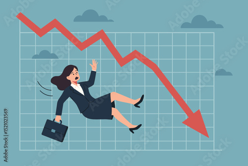 Shocked businesswoman falling with declining red arrow graph. Financial crisis, stock market crash, economic recession concept. Business failure, investment loss, downward trend, corporate bankruptcy.