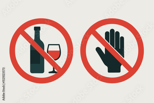 No Alcohol Allowed sign set. Vector graphic icons for alcohol prohibition, featuring crossed-out wine bottle, glass, and stop hand. Forbidden beverage zone, restriction symbol, warning pictogram.